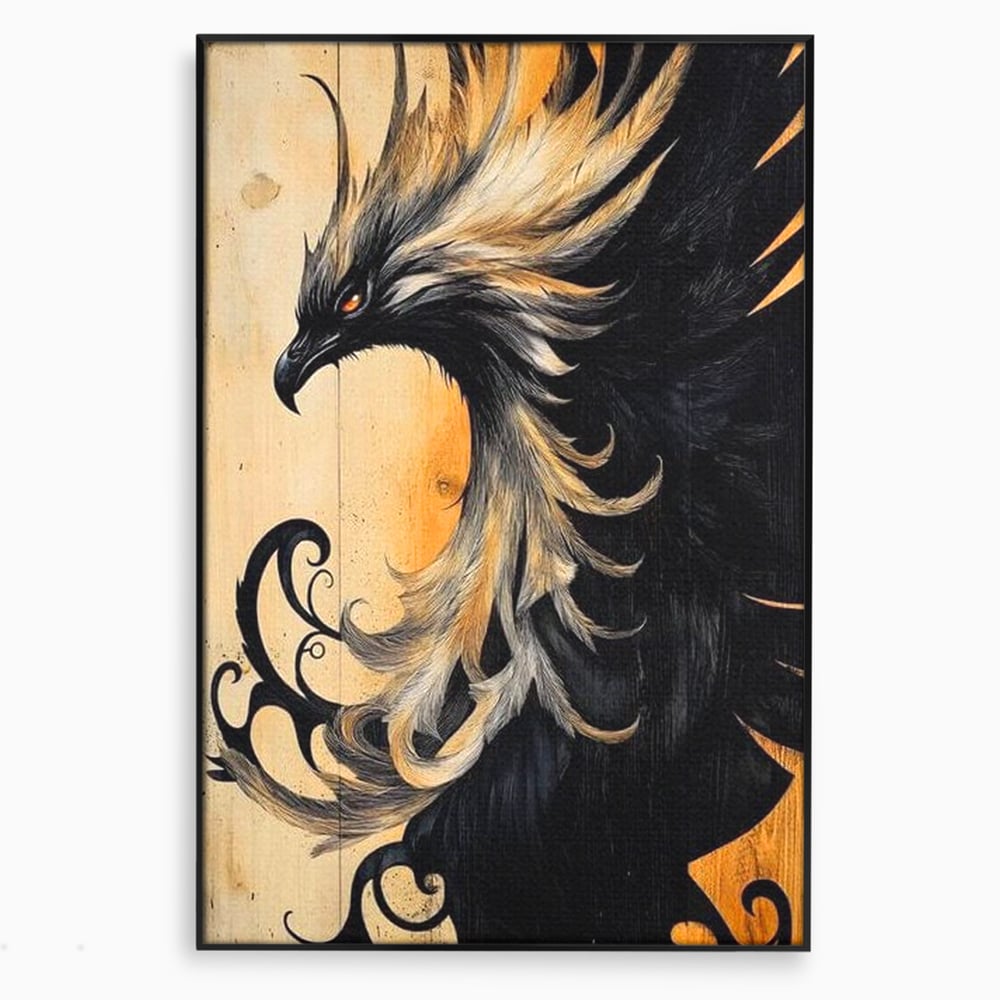 Tablou canvas cu tablou canvas cu pasare mitologica phoenix, in rama de aluminiu negru